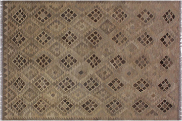 Flat Weave Kilim, Antique, Navaho, Vintage, Handmade, Geometric Kilim Tan Gray Hand-Woven Rectangle 100% Wool Area Rug 5 x 7